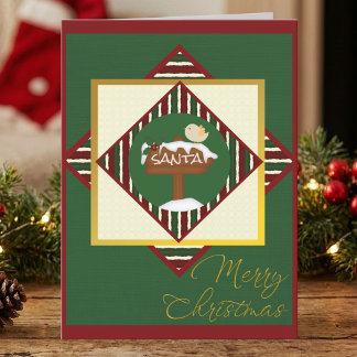 Cartes Pour Fêtes Annuelles Rouge et vert rayé Noël oiseau mignon