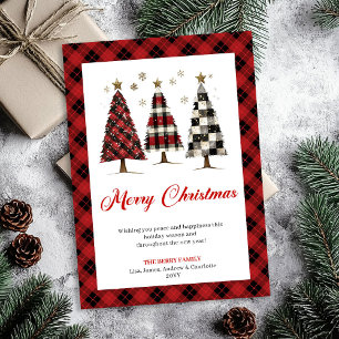 Cartes Pour Fêtes Annuelles Rouge festif à carreaux noir arbre de Noël aquarel