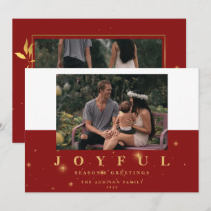 Cartes Pour Fêtes Annuelles Rouge Festif & Or Joyeux Noël à Deux Photos