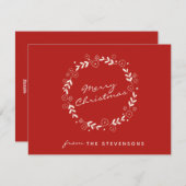 Cartes Pour Fêtes Annuelles Rouge Joyeux Noël Floral Wreath Simple Personnalis (Devant / Derrière)