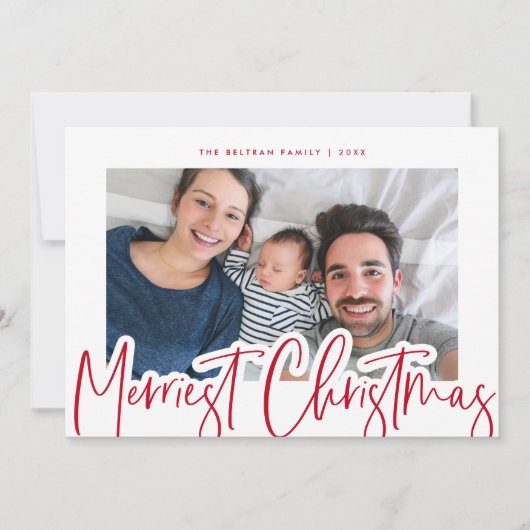 Cartes Pour Fêtes Annuelles Rouge moderne et blanc Script Merriest Christmas P (Devant)