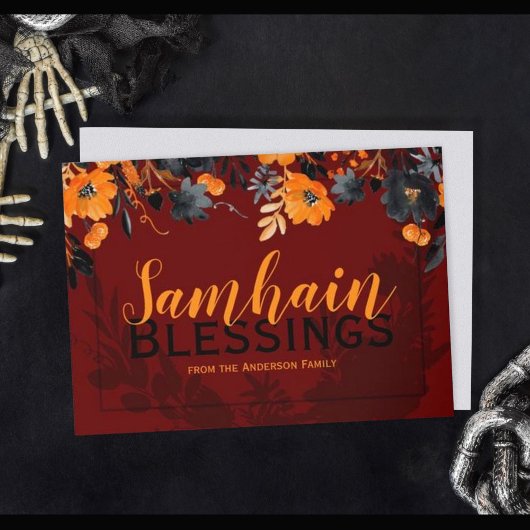 Cartes Pour Fêtes Annuelles Rouge & Orange Floral Samhain Bénédictions Sorcièr