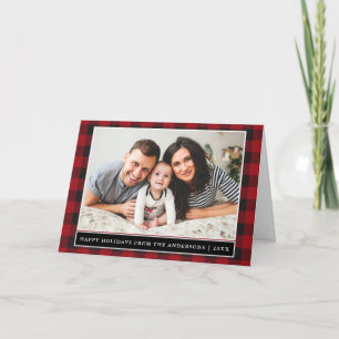 Cartes Pour Fêtes Annuelles Rouge Plaid Famille Photo Joyeux Vacances Plié