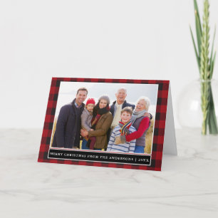 Cartes Pour Fêtes Annuelles Rouge Plaid Family Photo Joyeux Noël Plié