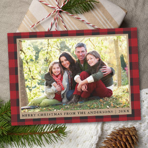 Cartes Pour Fêtes Annuelles Rouge Plaid Joyeux Noël Kraft Photo de famille
