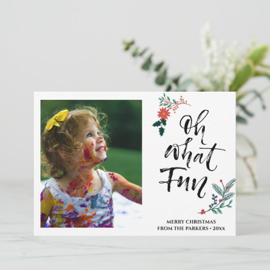 Cartes Pour Fêtes Annuelles Rouge Poinsettia Pine Bough Amusant Script OH Quel (Debout devant)