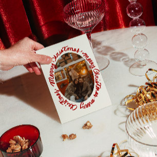 Cartes Pour Fêtes Annuelles Rouge Rétro Crème Cadre Ovale Photo Noël