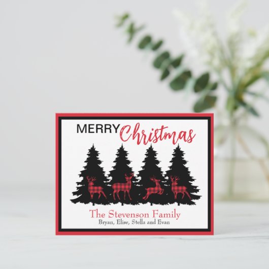 Cartes Pour Fêtes Annuelles Rouge rustique plaid buffle noir cerf et arbres (Debout devant)