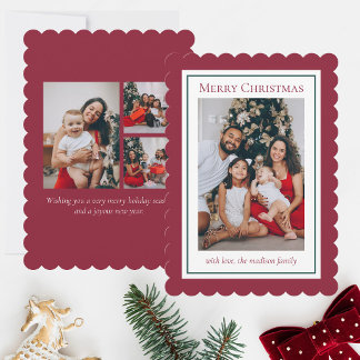Cartes Pour Fêtes Annuelles Rouge & Vert Noël Moderne à motifs festonnés et ra