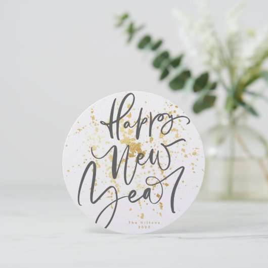 Cartes Pour Fêtes Annuelles Round Happy New Year en gris texte manuscrit (Debout devant)