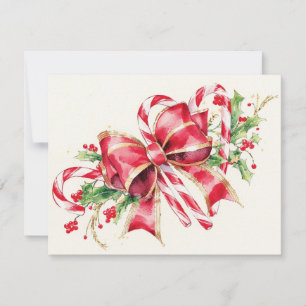Cartes Pour Fêtes Annuelles Ruban de houx rouge canne à sucre aquarelle