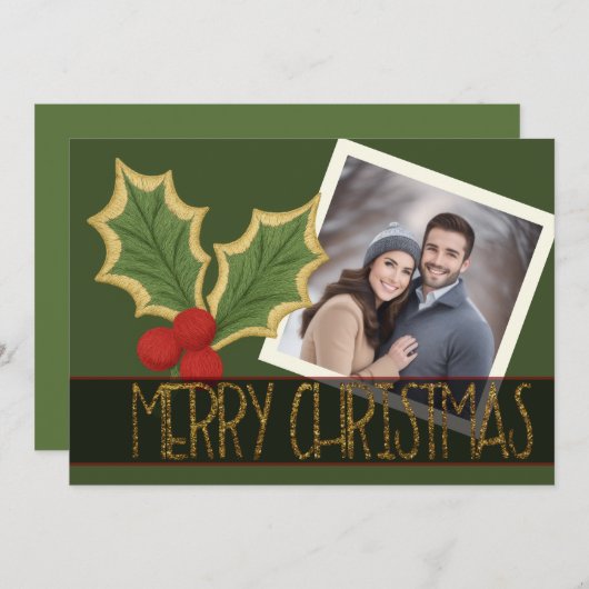 Cartes Pour Fêtes Annuelles Ruban de Noël brodé de baies de houx (Devant / Derrière)