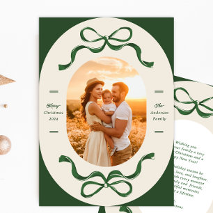 Cartes Pour Fêtes Annuelles Ruban de Noël moderne & Bow Green Oval Photo