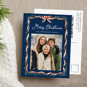 Cartes Pour Fêtes Annuelles Ruban rouge élégant et verdure Navy 2 Photo