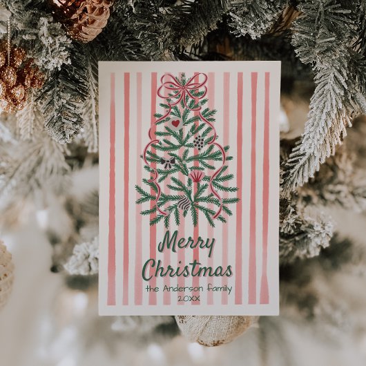 Cartes Pour Fêtes Annuelles Ruban rouge vert rétro Arbre Noël non photo