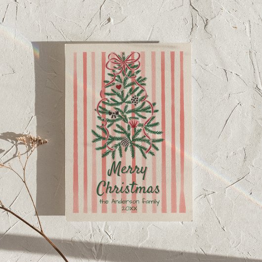 Cartes Pour Fêtes Annuelles Ruban rouge vert rétro Arbre Noël non photo