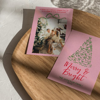 Cartes Pour Fêtes Annuelles Rubans rouges roses tirés à la main Arbre photo No