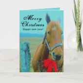 Cartes Pour Fêtes Annuelles Russe Bleu Cheval de Noël Bow Rouge (Devant)
