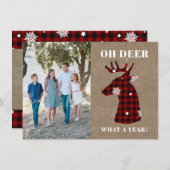 Cartes Pour Fêtes Annuelles Russe Burlap Plaid Snowflake Oh Deer Photo (Devant / Derrière)