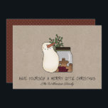 Cartes Pour Fêtes Annuelles Russe Country Snowman et Gingerbread Hommes<br><div class="desc">Rustic Snowman et Gingerbread Hommes Kraft Carte de vacances. Quelle façon fantaisiste d'envoyer vos salutations de vacances à votre famille, amis et associés d'affaires. La carte présente un adorable bonhomme de neige primitif et fantaisiste, debout à côté d'un bocal de mason d'hommes en pain d'épices et d'une épine de sainte...</div>
