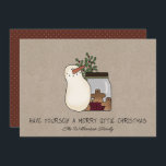 Cartes Pour Fêtes Annuelles Russe Country Snowman et Gingerbread Hommes<br><div class="desc">Rustic Snowman et Gingerbread Hommes Kraft Carte de vacances. Quelle façon fantaisiste d'envoyer vos salutations de vacances à votre famille, amis et associés d'affaires. La carte présente un adorable bonhomme de neige primitif et fantaisiste, debout à côté d'un bocal de mason d'hommes en pain d'épices et d'une épine de sainte...</div>