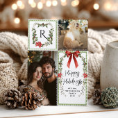 Cartes Pour Fêtes Annuelles Russe Green Monogram Bow Joyeux Noël 2 Photo