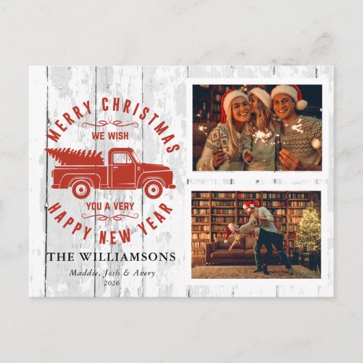 Cartes Pour Fêtes Annuelles Russe Joyeux Arbre de Noël Camion Rouge Photo (Devant)