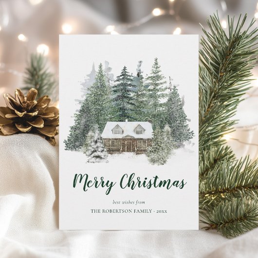 Cartes Pour Fêtes Annuelles Russe Pine d'hiver Forêt Cabine Noël
