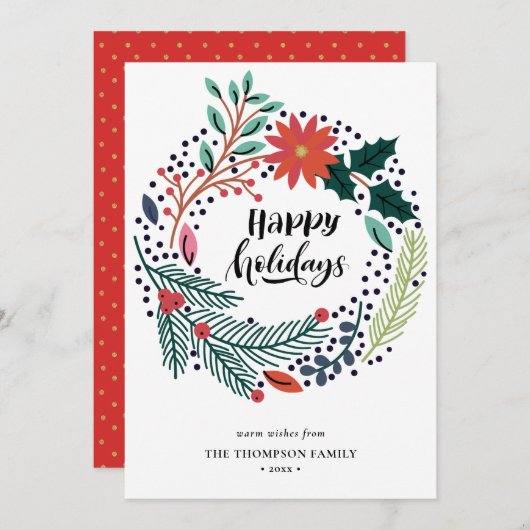 Cartes Pour Fêtes Annuelles Russe Vert Rouge Poinséttia Floral Wreath Simple (Devant / Derrière)