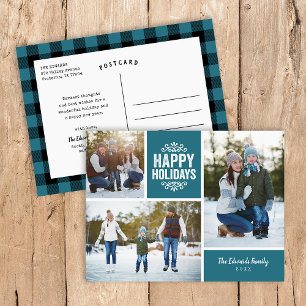 Cartes Pour Fêtes Annuelles Rustic Blue Happy Holidays 3 Photo Collage