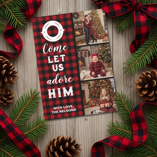 Cartes Pour Fêtes Annuelles Rustic Buffalo Plaid Come Let Us Adore Him Photo