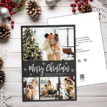 Cartes Pour Fêtes Annuelles Rustic Chalkboard 4 Photo Collage Noël<br><div class="desc">Rustic Minimal Chalkboard Snowflake 4 Photo Collage Joyeux Script de Noël Carte de vacances. Ce modèle festif, minimaliste, (4) quatre cartes de vacances photo présente un joli collage photo, un flocon de neige et dit Joyeux Noël! Le texte de salutation "Joyeux Noël" est écrit dans une belle couleur blanche lettré...</div>