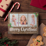 Cartes Pour Fêtes Annuelles Rustic Country Joyeux Noël Photo<br><div class="desc">Carte de Noël de style champêtre avec un arrière - plan rustique en bois,  un collage de 3 photos pour vous de personnaliser,  saint festif,  une douche à neige,  les mots "joyeux noël" dans une typographie de calligraphie,  et votre nom de famille.</div>