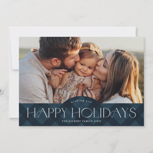 Cartes Pour Fêtes Annuelles Rustic Navy Blue Plaid 2 Photo Happy (Devant)