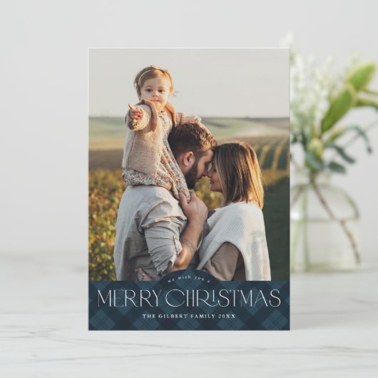 Cartes Pour Fêtes Annuelles Rustic Navy Blue Plaid 2 Photo Joyeux Noël (Debout devant)