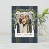 Cartes Pour Fêtes Annuelles Rustic Navy Plaid Greenery Christmas 4 Photo (Debout devant)
