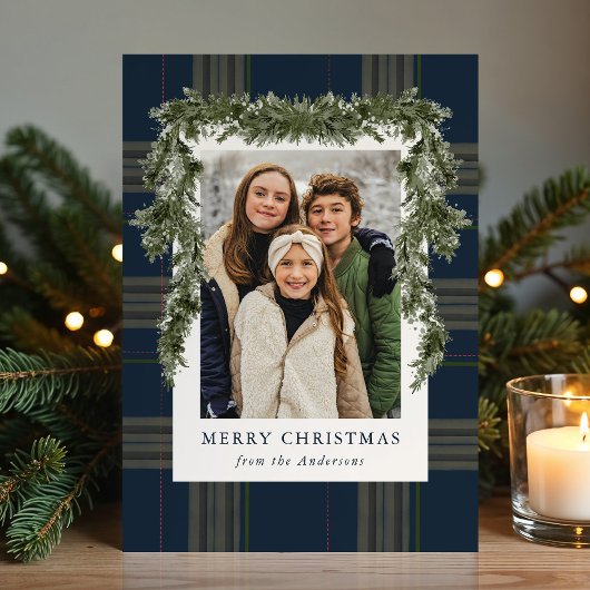 Cartes Pour Fêtes Annuelles Rustic Navy Plaid Greenery Christmas 4 Photo