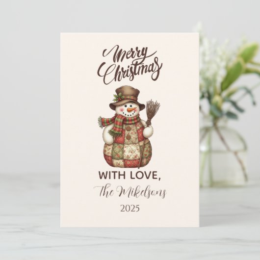 Cartes Pour Fêtes Annuelles Rustic Patchwork Snowman Christmas (Debout devant)