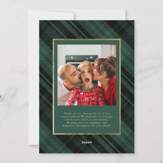 Cartes Pour Fêtes Annuelles Rustic Plaid Green Gold Joyeux Noël 2 Photos (Dos)