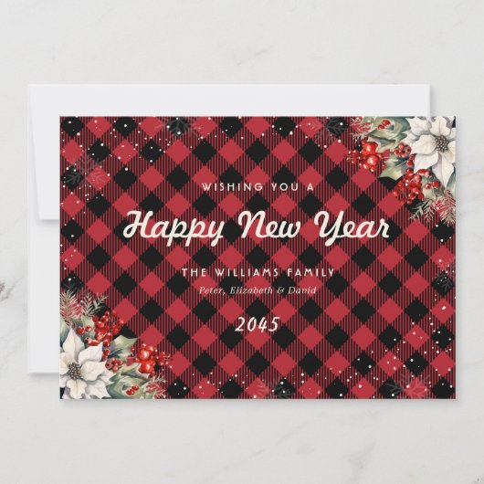 Cartes Pour Fêtes Annuelles Rustic Red Plaid Snowflake Botanical New Year Card (Devant)