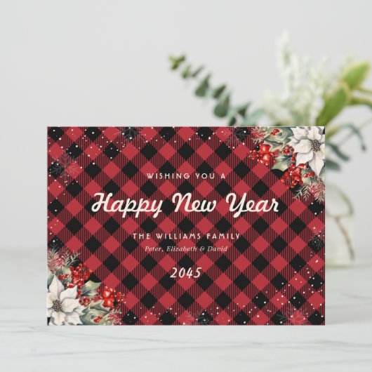 Cartes Pour Fêtes Annuelles Rustic Red Plaid Snowflake Botanical New Year Card (Debout devant)