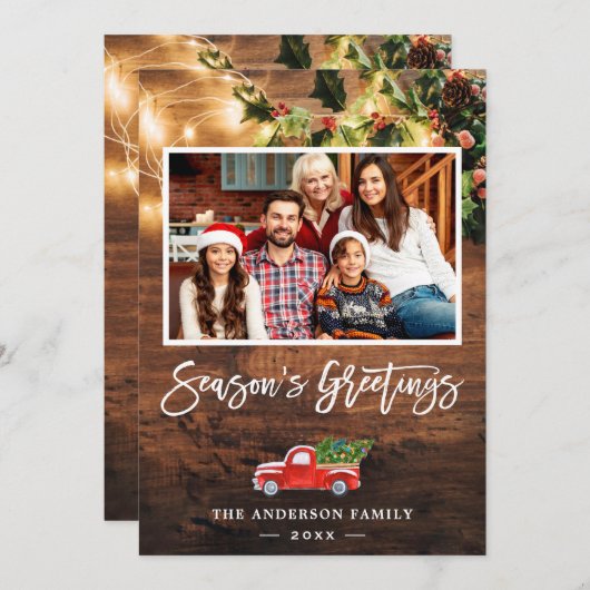 Cartes Pour Fêtes Annuelles Rustic String Lights Camion Rouge Photo Grey (Devant / Derrière)