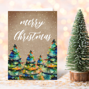 Cartes Pour Fêtes Annuelles Rustic Watercolor Christmas Tree Snowflakes