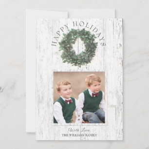 Cartes Pour Fêtes Annuelles Rustic Wood Green Wreath Family Photo Happy