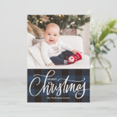 Cartes Pour Fêtes Annuelles Rustique Bleu Plaid Joyeux Noël Photo (Debout devant)