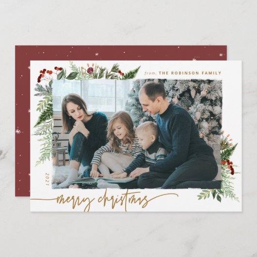 Cartes Pour Fêtes Annuelles Rustique Boho Green Gold Dry Brush Effet Photo (Devant / Derrière)