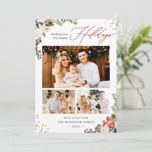 Cartes Pour Fêtes Annuelles Rustique hiver Botanique Floral Script 3 Photo (Debout devant)