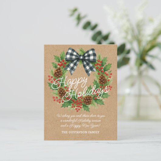 Cartes Pour Fêtes Annuelles Rustique Holly Wreath Blanc Noir À damiers Bow (Debout devant)