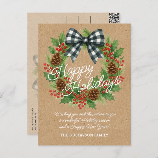 Cartes Pour Fêtes Annuelles Rustique Holly Wreath Blanc Noir À damiers Bow (Devant / Derrière)