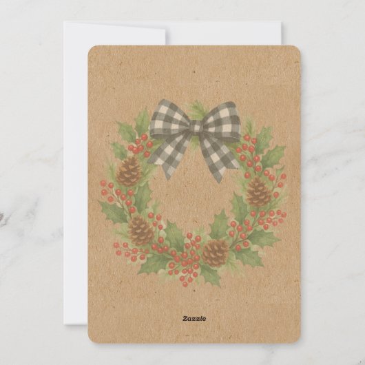 Cartes Pour Fêtes Annuelles Rustique Holly Wreath Blanc Noir À damiers Bow (Dos)